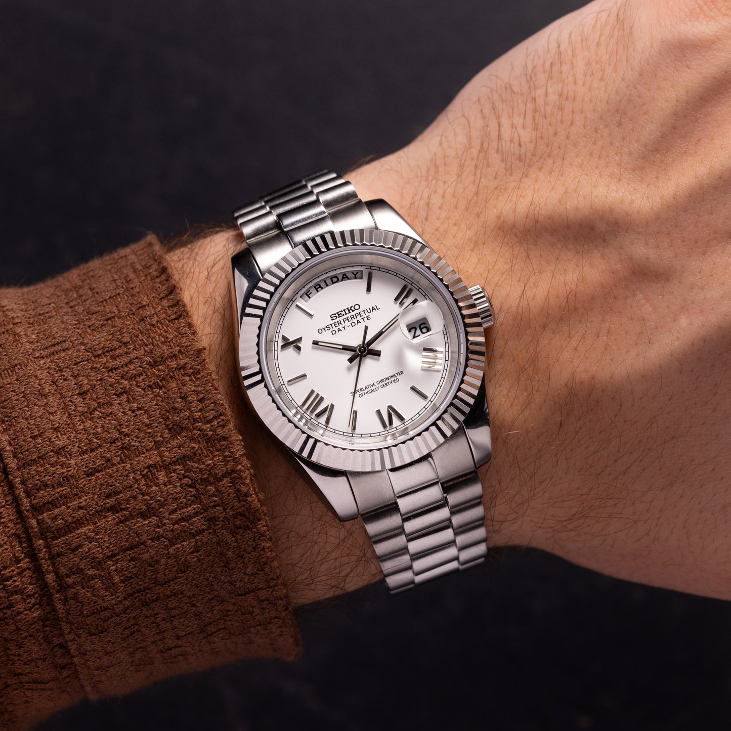 Seiko Mod Oyster Perpetual Day-Date Watch with White Dial