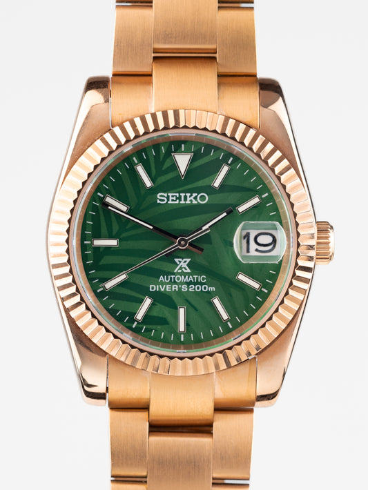 Seiko Mod Datejust Rose Gold Watch with Skeleton Back Case