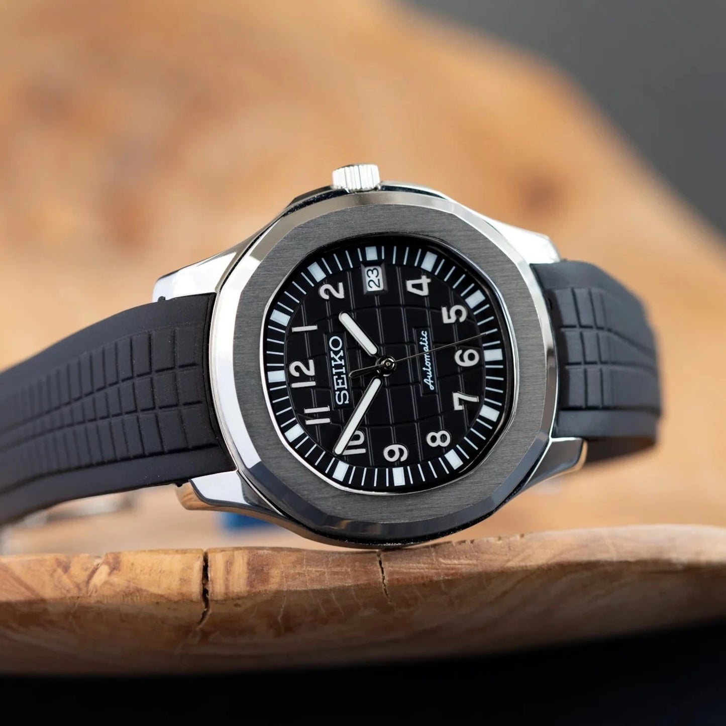 Seiko Mod Black Nautilus Watch with Silicone Strap