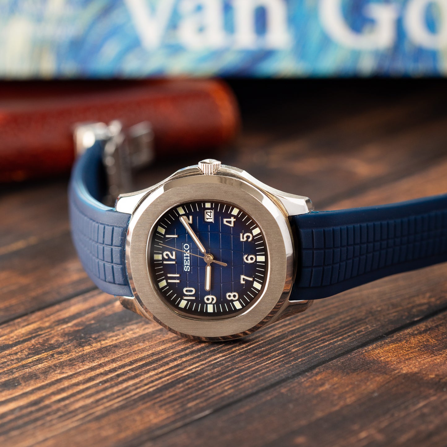 Seiko Mod Blue Nautilus Aquanaut Jumbo Watch with Silicone Strap