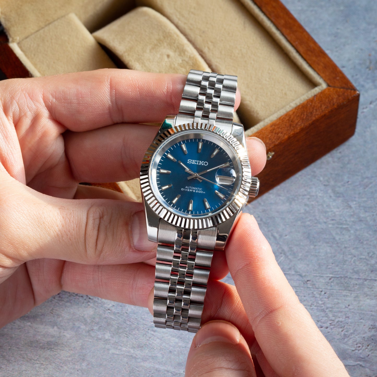 Seiko Datejust Mod Watch with Blue Dial and Skeleton Back