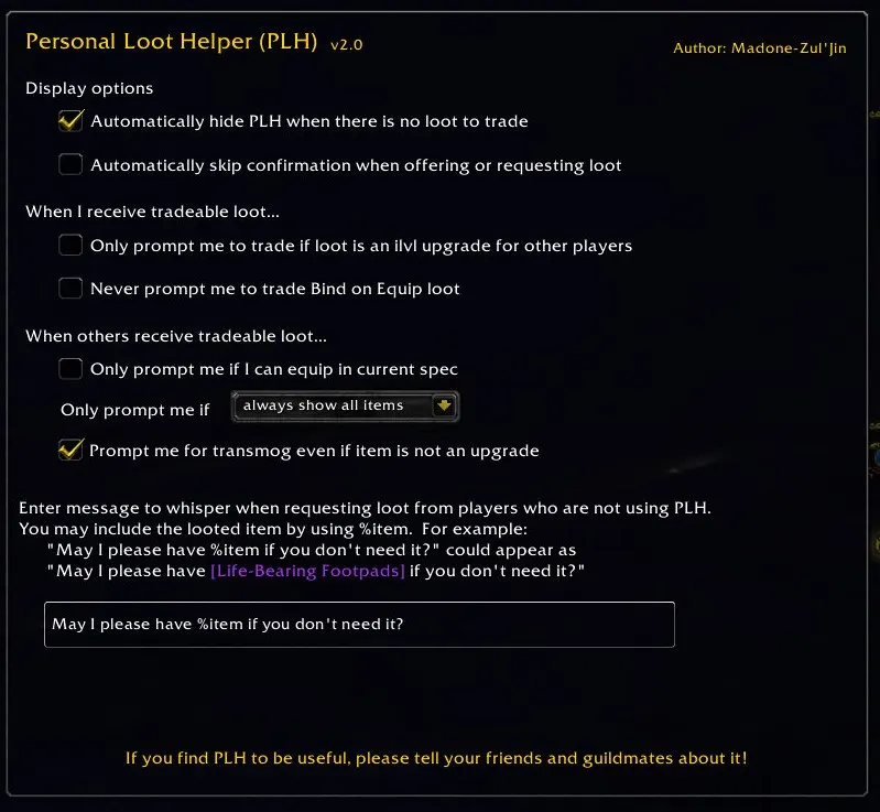Personal Loot Helper - Mod para World of Warcraft